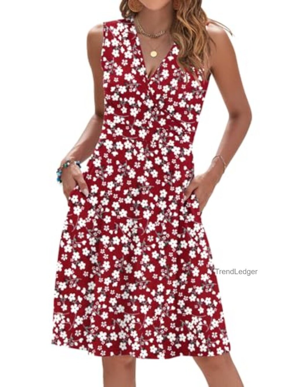 AUSELILY Floral Summer Dress Sleeveless V Neck Faux Wrap Pockets